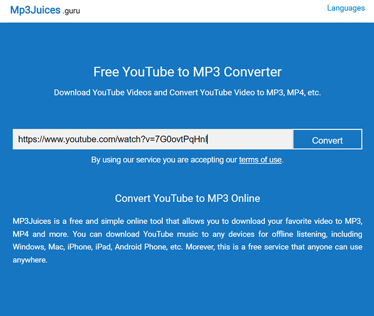 Mp3Juice.guru 的功能主頁就只有一個貼網址的欄位，將 YouTube 的連結貼入並按下「Convert」來取得下載連結。