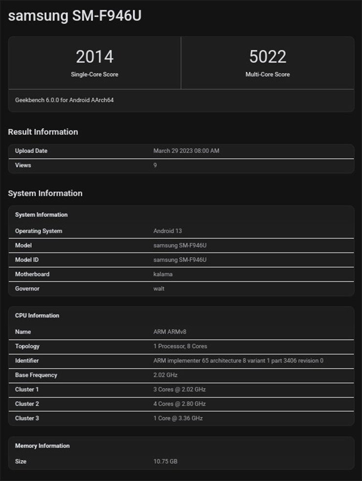 三星 Galaxy Z Flip5 與 Z Fold5 效能更勝 S23 系列?Geekbench 跑分結果提前曝光… - 阿祥的網路筆記本 型號 SM-F946U 的 Galaxy Z Fold5 Geekbench 6 跑分成績