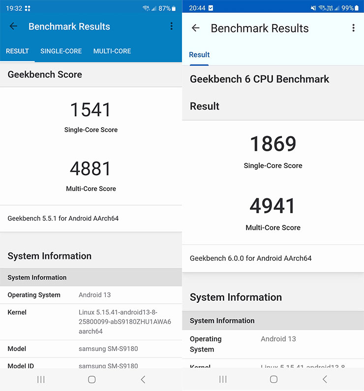 三星 Galaxy Z Flip5 與 Z Fold5 效能更勝 S23 系列?Geekbench 跑分結果提前曝光… - 阿祥的網路筆記本 Galaxy S23 Ultra 的 Geekbench 5(圖左)與 Geekbench 6(圖右)的跑分成績