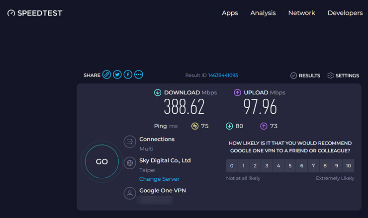 Google One VPN 服務 來了!Google One 雲端儲存付費會員專屬,一鍵網路隱身超便利! - 阿祥的網路筆記本 連結至 Google One VPN 後,阿祥試著使用 SpeedTest 測速,環境使用的是中華電信光世代的 500M / 250M 方案,實際測速可跑到下行 388 M、上行 97M 的水準,這速度算是非常快的了!