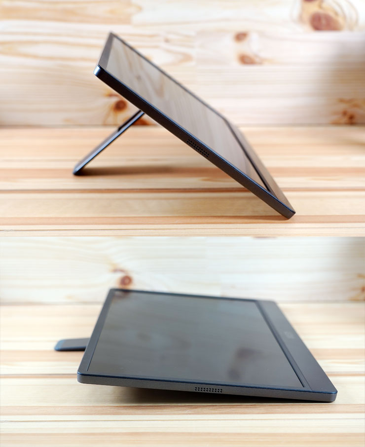 從側面可以看到 PRO MP161 的支架調整範圍極大，在使用時也能更靈活依據使用需求來調整。