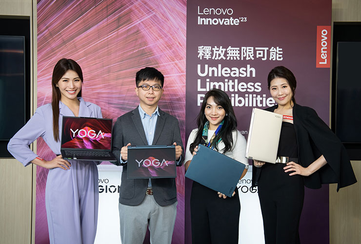 Lenovo 推出全新一代 Yoga 筆電,助力創作者實現創意自由! - 阿祥的網路筆記本 全球科技領導品牌Lenovo今(4)推出最新一代Yoga筆電,協助創作者實現創意自由。圖為Lenovo台灣區家用產品經理沈彥宏(左2)、Lenovo台灣區家用事業部副總經理邰瀅潔(右2)。