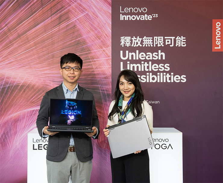 Lenovo推出第8代Legion電競筆電，並首次公開全新電競子品牌LOQ。左起：Lenovo台灣區家用產品經理沈彥宏、Lenovo台灣區家用事業部副總經理邰瀅潔。