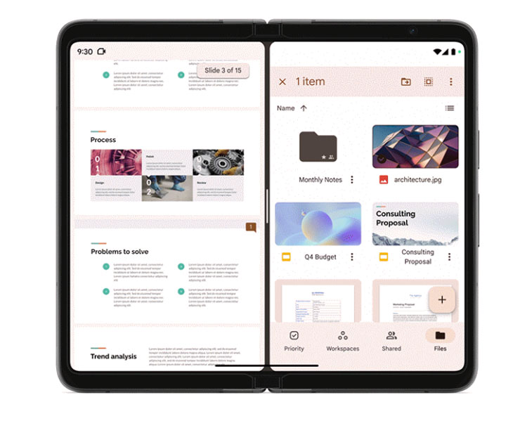 Pixel Fold 的內螢幕分割畫面可以在兩個應用程式中拖拉內容分享