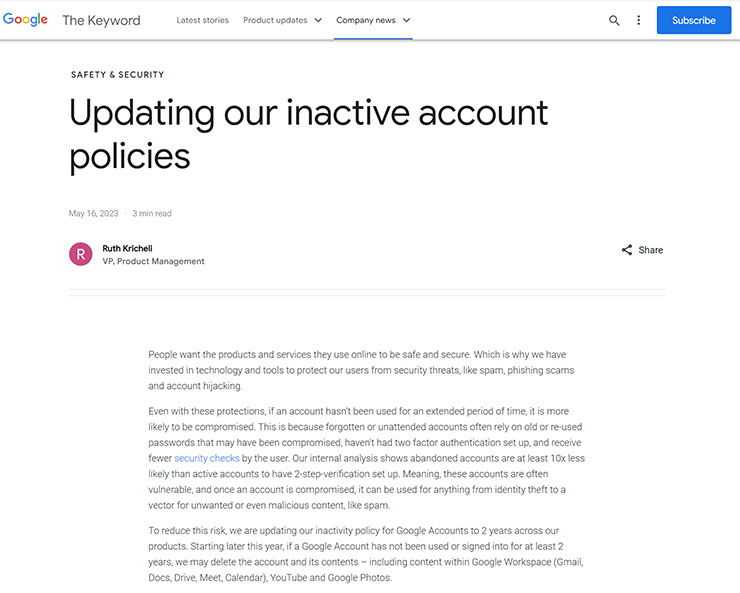Google 官方公告閒置帳號的時限為 2 年。