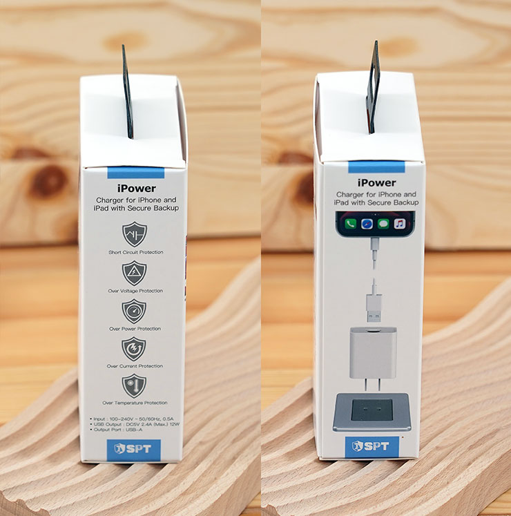 外盒兩側也有針對充電的五大防護規格與實使用功能示意。