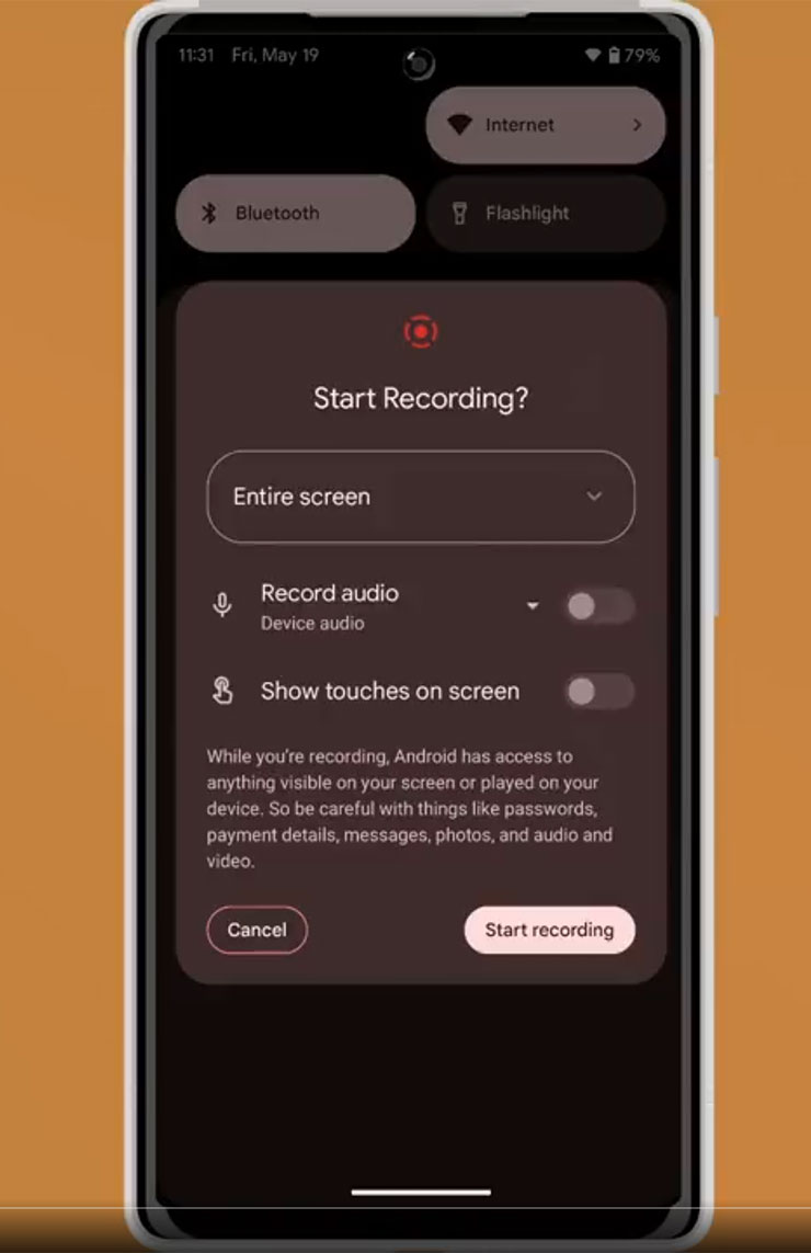 保護隱私!Android 14 「螢幕錄影」功能再進化!不相干的個人隱私通知全部看不到! - 阿祥的網路筆記本 Android 14 的螢幕錄製啟動時,可以發現到多了一個下拉選單可以調整設定。
