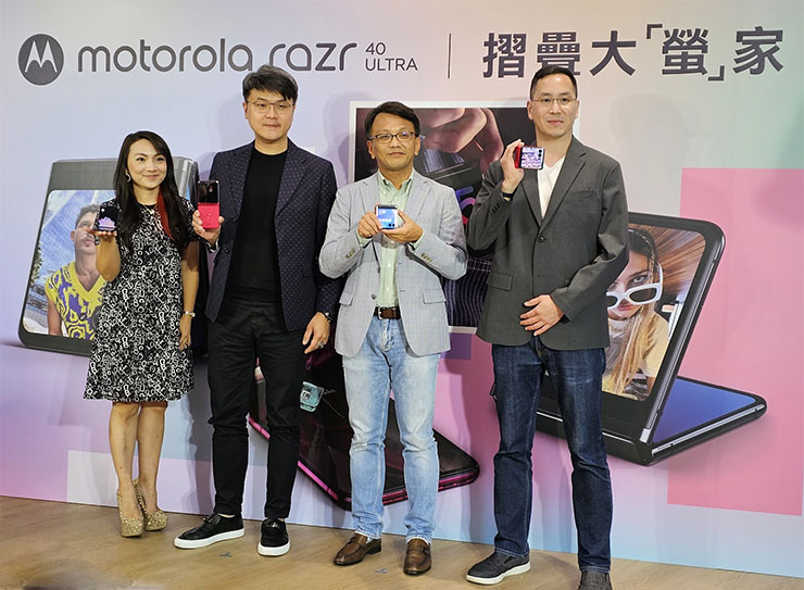 圖左至右為 Lenovo Taiwan 家用事業部副總邰瀅潔、台灣大哥大個人用戶事務群副總暨商務長林東閔、Lenovo Taiwan 總經理林祺斌與 Motorola 亞太區產品總監張宗翰。