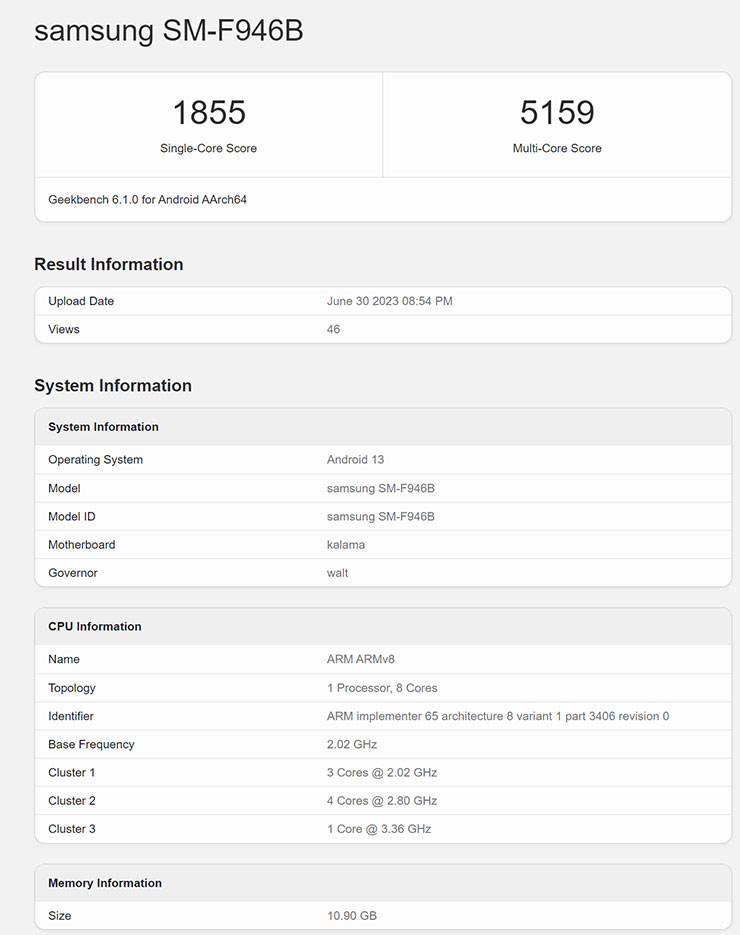 目前在 Geekbench 上已有國際版 Galaxy Z Fold 5 的 Geekbench 6 跑分成績，單核為 1855，多核為 5159 