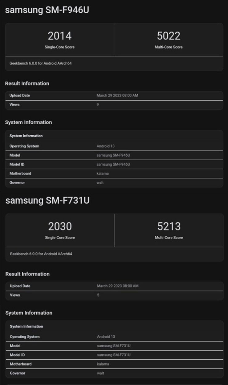 先前三月份曝光的美版 Galaxy Z Fold 5（SM-F946U）與 Galaxy Z Flip 5（SM-F731U）的 Geekbench 跑分