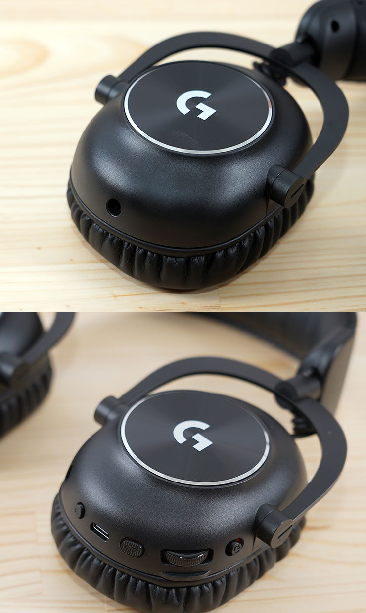 Logitech G PRO X 2 LIGHTSPEED 職業級無線電競耳機麥克風開箱實測:絕佳音質、輕量化與超長續航三效合一,同步支援藍牙連線也能適用手機! - 阿祥的網路筆記本 左右耳罩下方有不旬的連接埠與按鍵,圖上的右側提供了 3.5mm 的音源連接口,圖下則有包括藍牙配對鈕、USB C 充電口、麥克風靜音鈕、音量旋鈕與電源開關。