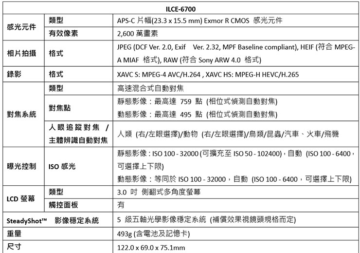α6700 完整規格表