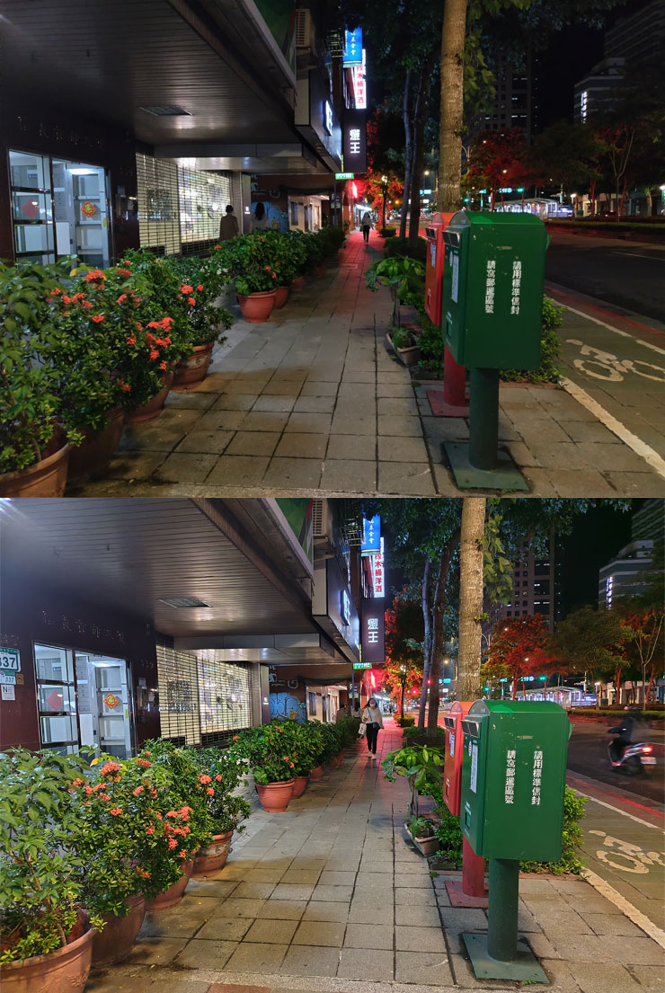 SHARP AQUOS sense7 plus 開箱體驗:日系質感、手感輕薄、優異螢幕與大容量電池兼備,相機表現可圈可點! - 阿祥的網路筆記本 上圖比較一下 SHARP AQUOS sense7 plus 一般模式(圖上)與夜間模式(圖下)的同一場景比較,上圖是有一定光線的街道,光源算是充足,不過我們還是可以發現到畫面的整體明暗度更高,遠景的暗部也相對更為清晰。