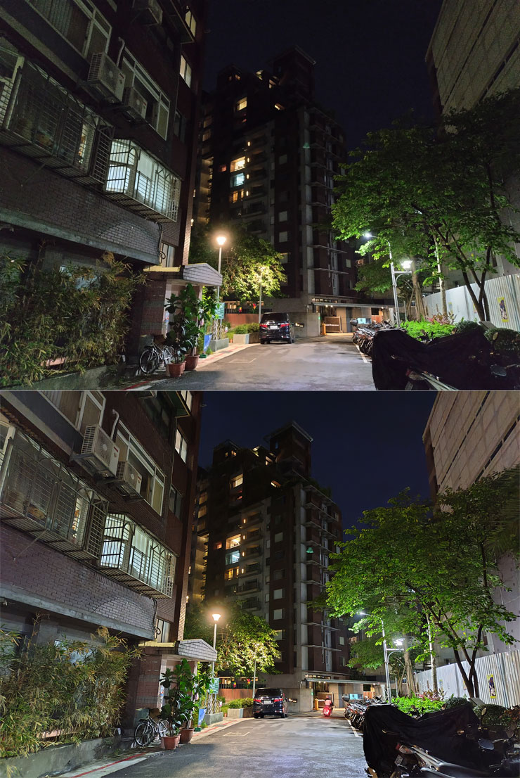 SHARP AQUOS sense7 plus 開箱體驗:日系質感、手感輕薄、優異螢幕與大容量電池兼備,相機表現可圈可點! - 阿祥的網路筆記本 另一個巷子內的夜間場景,一般模式(圖上)在遠處的大樓、天空可以發現已經明顯偏暗,夜間模式(圖下)之下的整體亮度自然提升,左方建築牆面與右方樹葉的細部都更為清晰。