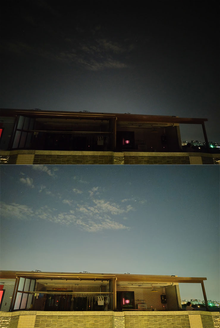 SHARP AQUOS sense7 plus 開箱體驗:日系質感、手感輕薄、優異螢幕與大容量電池兼備,相機表現可圈可點! - 阿祥的網路筆記本 另一個在夜間幾乎無光的陽台場景,可以發現一般模式(圖上)下在天空仍有一定亮度,但建築物的細節就比較模糊,夜間模式(圖下)開啟之後可以發現陽台場景整個亮起來了,景物的細部也更為清晰。