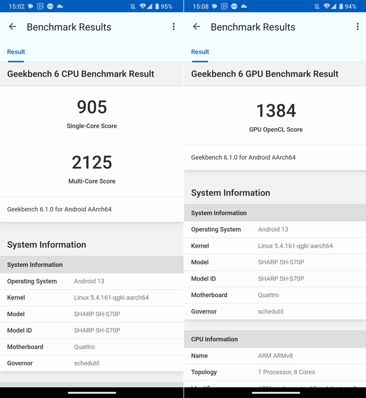 SHARP AQUOS sense7 plus 開箱體驗:日系質感、手感輕薄、優異螢幕與大容量電池兼備,相機表現可圈可點! - 阿祥的網路筆記本 透過 GeekBench 6 進行處理器跑分,單核獲得 905 分,多核獲得 2125 分;GPU 運算跑分 OpenCL 獲得 1384 分。