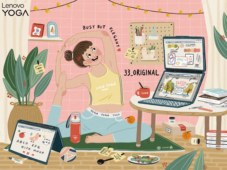 33_original的插畫精準呈現Yoga Book 9i雙螢幕如何幫助創作者事半功倍、職業媽咪平衡生活。