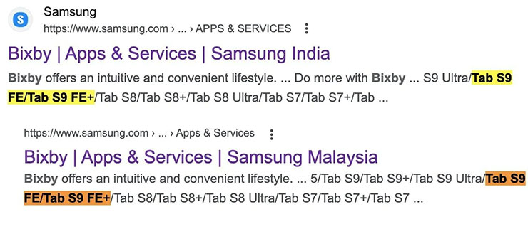 Google 搜尋上殘存的 FE 版 Tab S9 產品名稱結果