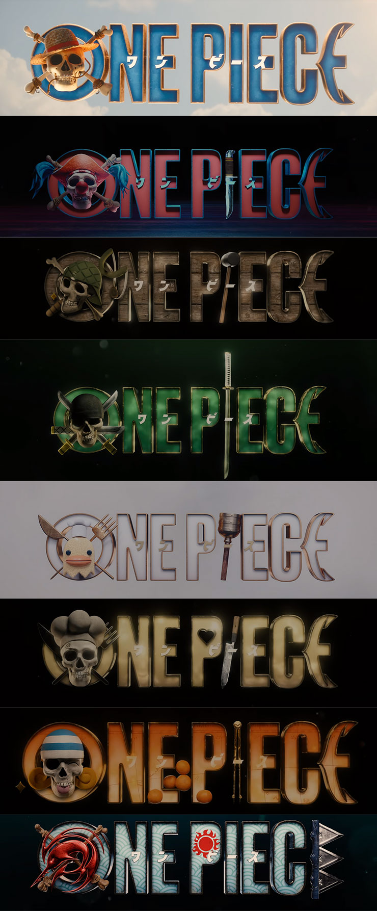《航海王真人版》蠻有趣的是，每一集的劇集標題「ONE PIECE」的設計都不同，也能看出與該集劇情主題相呼應的元素，是原作粉應該都看得出來吧？