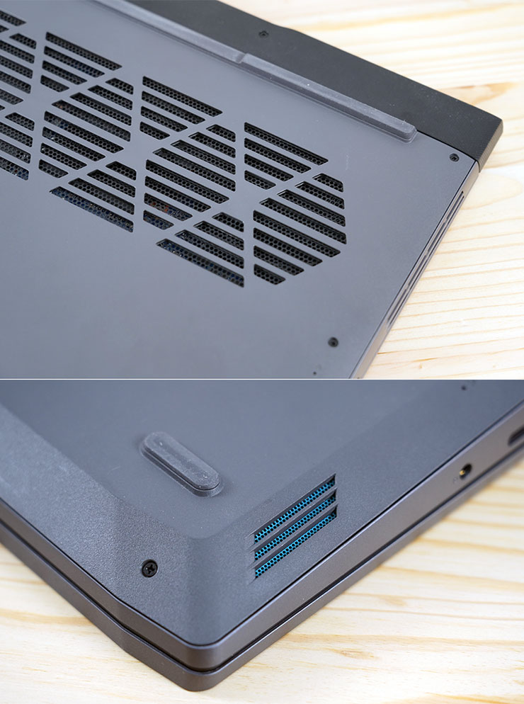 散熱開口區除了外層的六角型設計，內層還有一層細密的沖網可有效阻隔灰塵；另外底殼左右兩側也各有一個揚聲器開口，內層也做了藍色的跳色。