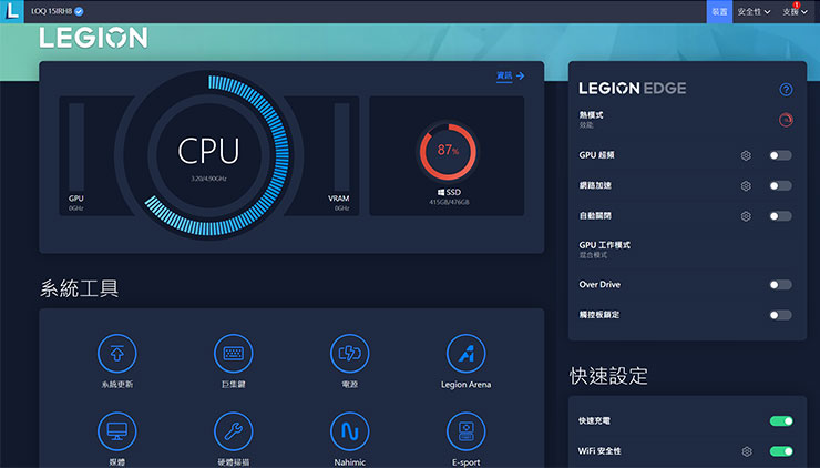 Lenovo Vantage 主面板，可以看到主要元件的資源耗用狀態，同時也整合了常用的系統工具，以及可以自行調校性能的 Legion Edge 工具與快速設定。