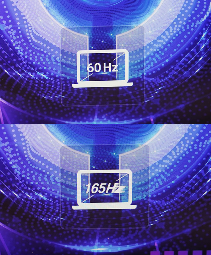 透過 Fn + R 可快速切換 60Hz 與 165Hz 兩種更新率，同樣畫面也有明確的提示圖樣。
