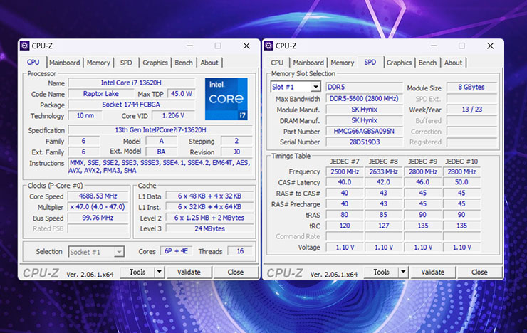此次受測的 Lenovo LOQ 15" Intel 採用的是 Intel® Core™ i7-13620H 與 DDR5-5600 記憶體，上圖為詳細資訊。