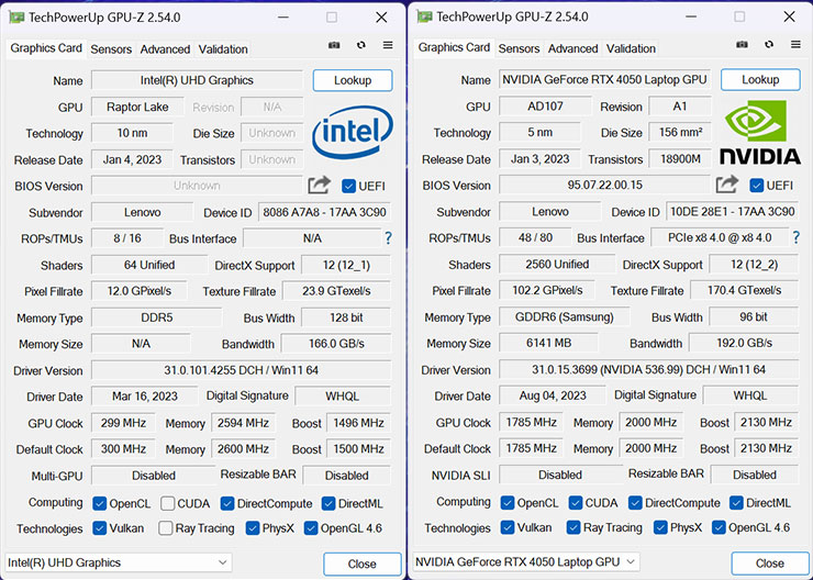 整合型顯卡為 Intel® UHD Graphics，獨立顯卡為 NVIDIA GeForce RTX 4050 6GB GDDR6 筆電版 GPU，上圖為詳細資訊。