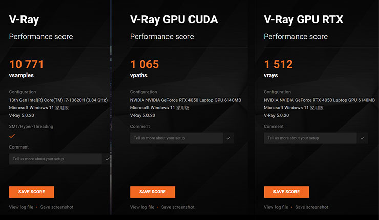 透過 V-Ray、V-Ray GPU CUDA 與 V-Ray GPU RTX 三種模式進行跑分的成績一覽。