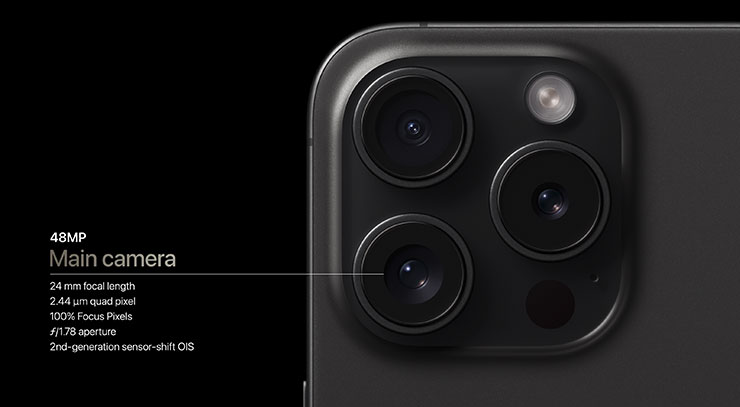 蘋果 iPhone 15 系列正式發表,今年有五大首創規格! - 阿祥的網路筆記本 iPhone 15 Pro 與 iPhone 15 Pro Max 的主相機也採用更新版的 4800 萬畫素規格,同樣支援像素四合一技術,100% 的 Focus Pixels 與第二代感光元件位移 OIS 防手震系統。