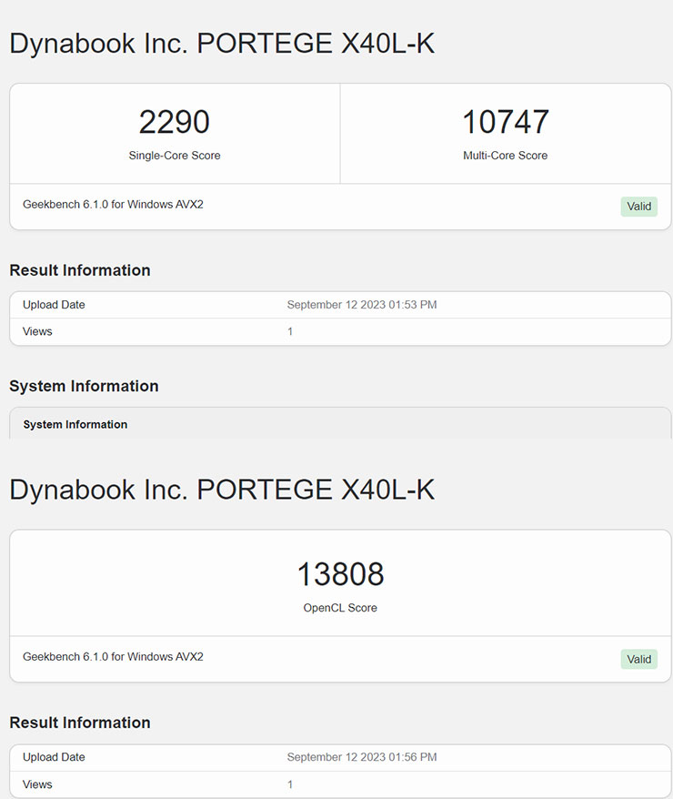 dynabook Portégé X40L-K 開箱與深度評測:極致輕薄攜帶無負擔,純正日系風格打造精品級質感! - 阿祥的網路筆記本 透過 Geekbench 6 進行處理器單核 / 多核(圖上)與 OpenCL 運算(圖下)的跑分成績。