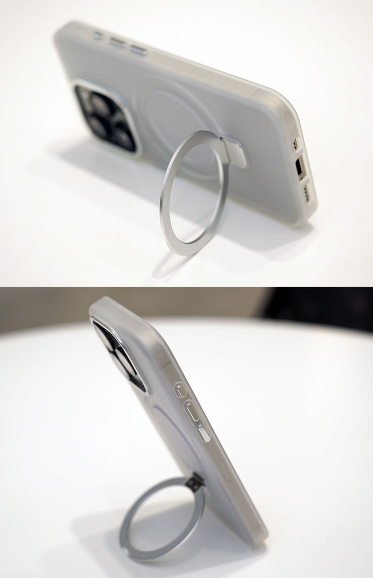 金屬環支架的轉軸十分堅固，因此無論手機橫置或是直立都能穩站立哦！