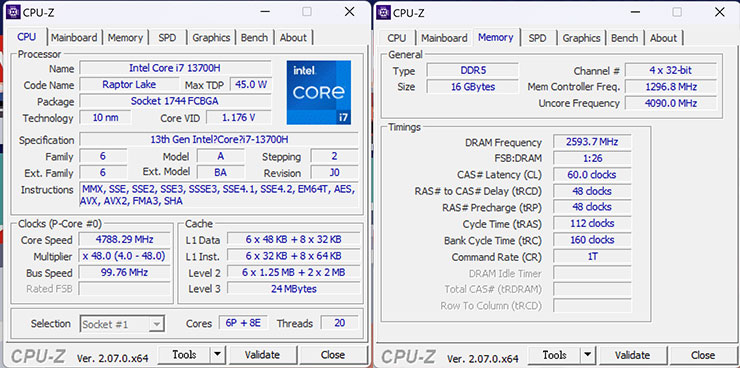 Lenovo Yoga Pro 7i Gen 8 開箱與深度實測:輕薄高質感,人工智慧為效能與體驗再升級! - 阿祥的網路筆記本 透過 CPU-Z 查看 Yoga Pro 7i 的處理器與記憶體資訊。
