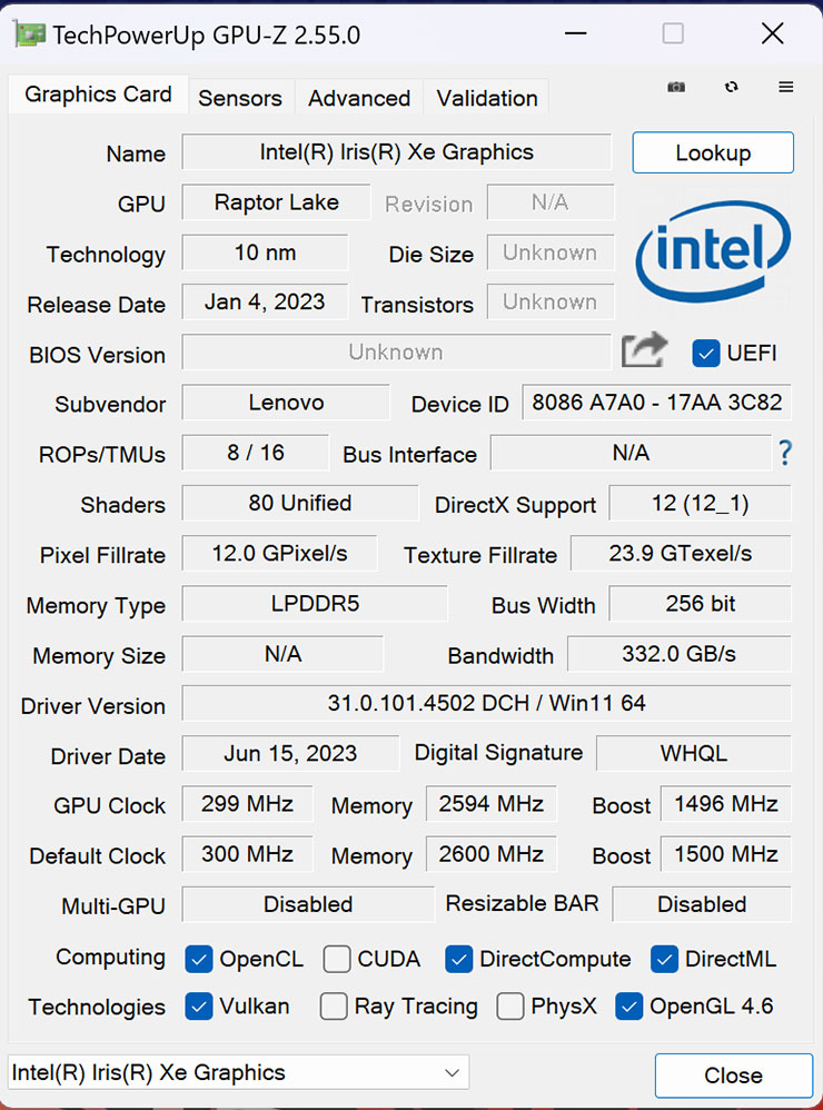 Lenovo Yoga Pro 7i Gen 8 開箱與深度實測:輕薄高質感,人工智慧為效能與體驗再升級! - 阿祥的網路筆記本 透過 GPU-Z 查看 Yoga Pro 7i 的整合型 GPU 資訊。