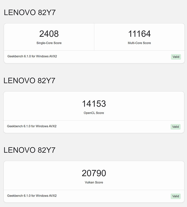 Lenovo Yoga Pro 7i Gen 8 開箱與深度實測:輕薄高質感,人工智慧為效能與體驗再升級! - 阿祥的網路筆記本 透過 Geekbench 6 進行 Yoga Pro 7i 處理器的跑分,上至下為單核 / 多核分數、OpenCL 與 Vulcan 運算分數。