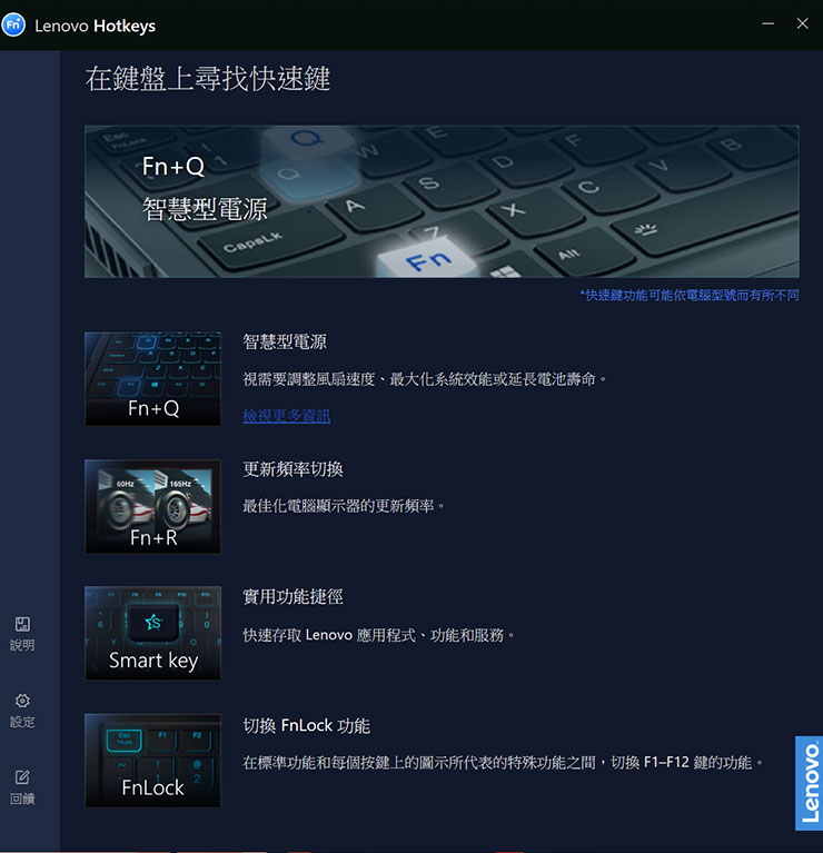 Lenovo Yoga Pro 7i Gen 8 開箱與深度實測:輕薄高質感,人工智慧為效能與體驗再升級! - 阿祥的網路筆記本 Lenovo Hotkeys 功能可以列出 Yoga Pro 7i 支援的快捷鍵,啟動智慧型電源、更新頻率…等功能。