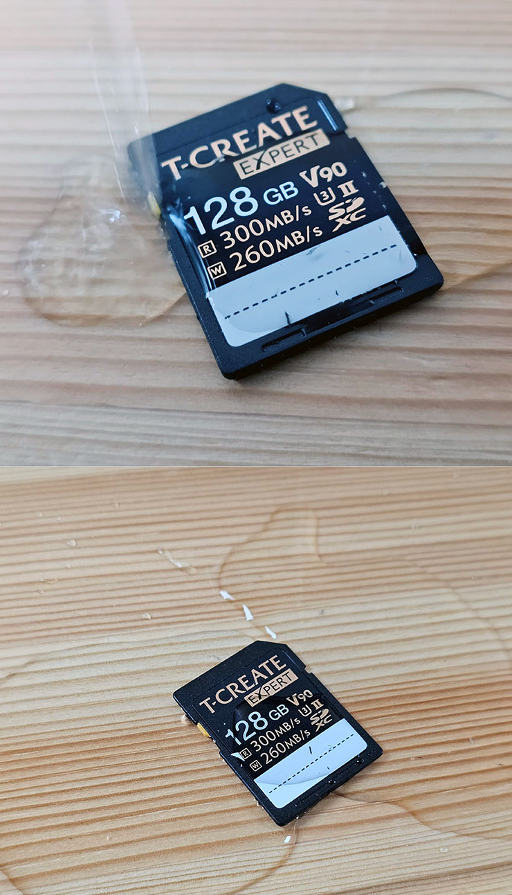 T-CREATE EXPERT SDXC UHS-II U3 V90 記憶卡具備 IP67 防水防塵能力，直接沖水下去自然也是沒問題的！
