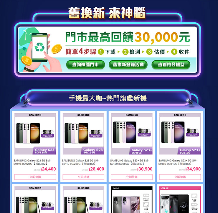 神腦響應手機回收月，祭出「拿舊機換購新機」加碼活動，舊機最高可折抵3萬元