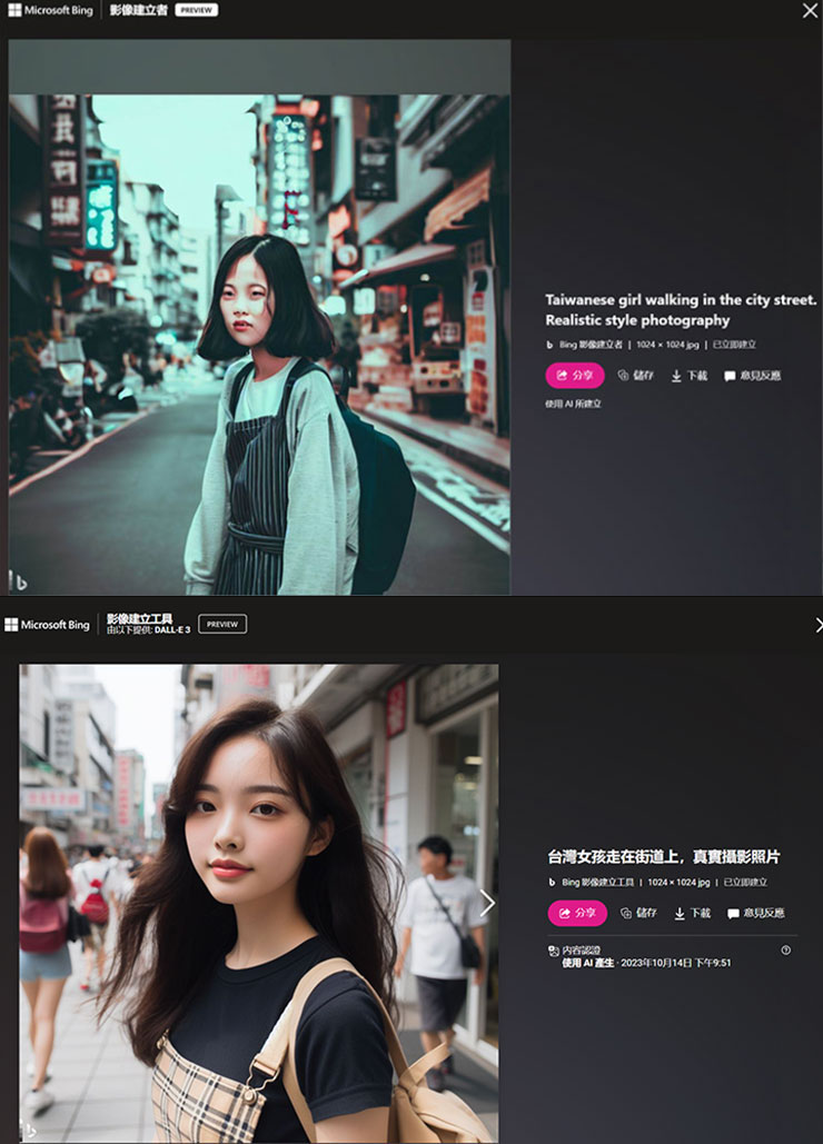 來比較一下 2 月版（圖上）的 Bing Image Creator 和現在 DALL-E3 版本生成「一位女孩在台灣街道上的照片」，光是表情就能看出天差地遠了吧？