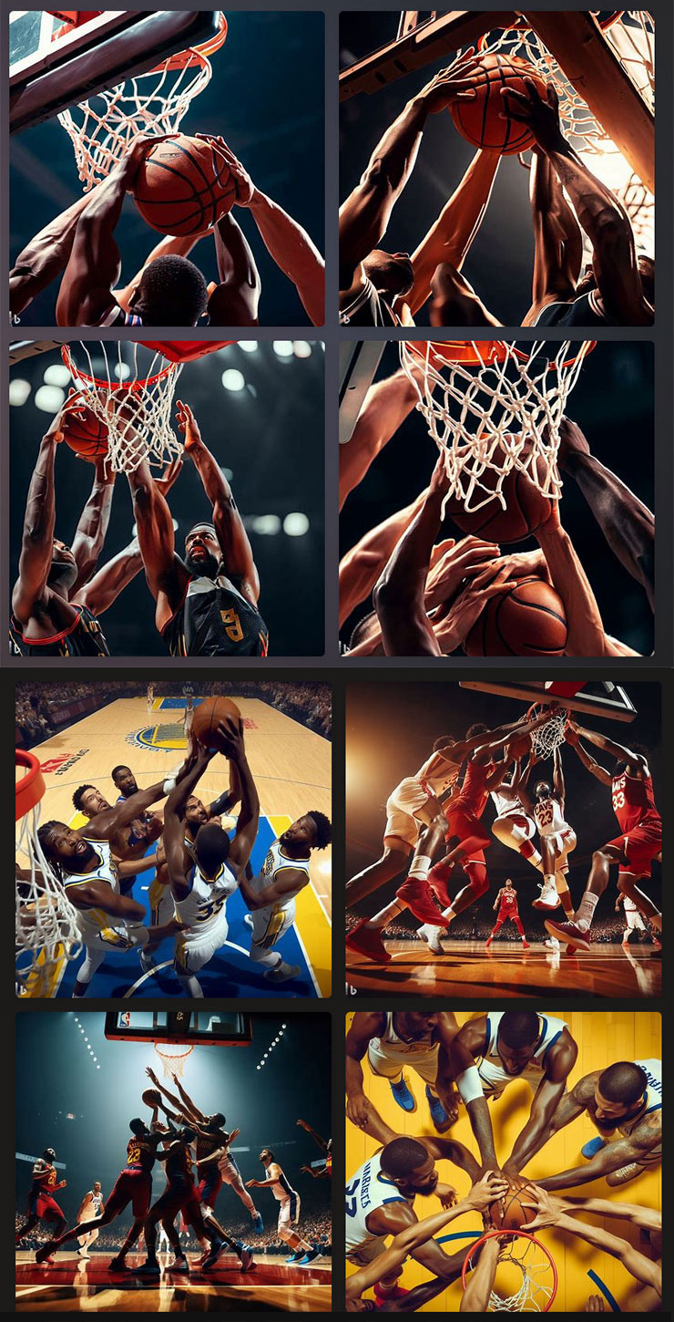 來比較一下 2 月版（圖上）的 Bing Image Creator 和現在 DALL-E3 版本生成「NBA 球員爭搶籃板球」，可以看出兩個版本的模型生成的邏輯不太一樣