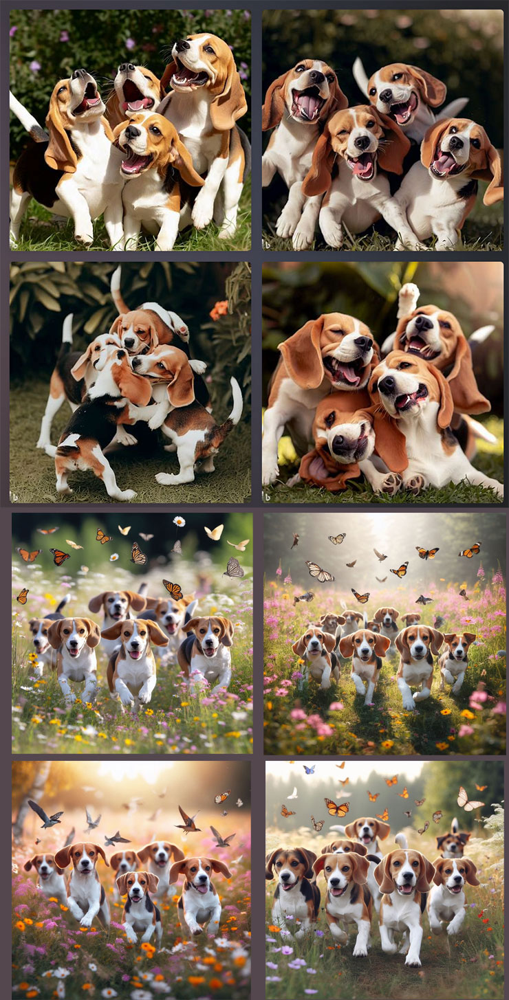 來比較一下 2 月版（圖上）的 Bing Image Creator 和現在 DALL-E3 版本生成「一群米格魯在花園中玩耍」，可以看出舊版其實小狗的動作與表情都算蠻生動，但仔細看略有一些扭曲，但新版本的小狗面部與動作就自然許多，不仔細看難辨真假！