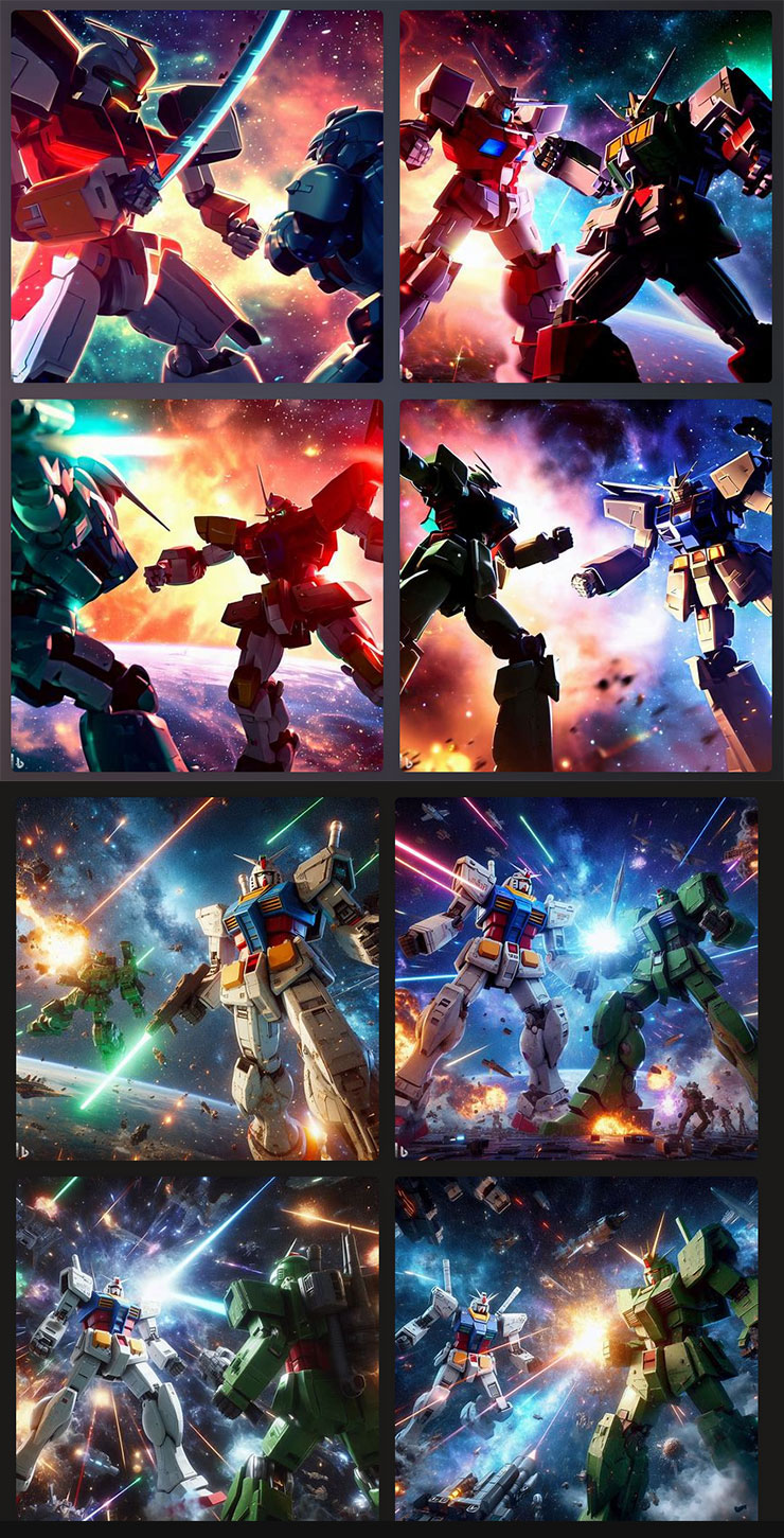 來比較一下 2 月版（圖上）的 Bing Image Creator 和現在 DALL-E3 版本生成「宇宙中鋼彈對決薩克」，可以看出舊版為了規避版權，所以模擬並不真實，但新版就和原作87分像了