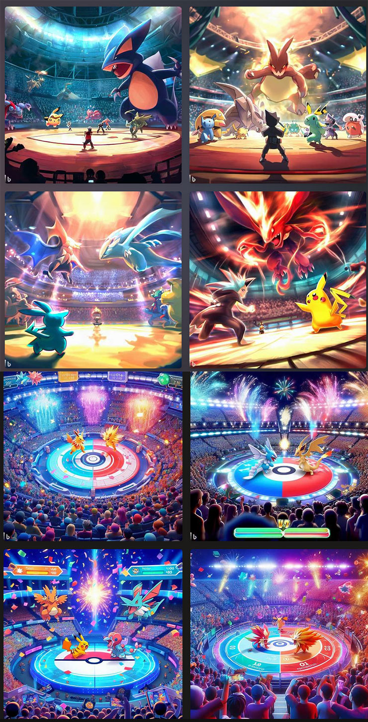 來比較一下 2 月版（圖上）的 Bing Image Creator 和現在 DALL-E3 版本生成「寶可夢在競技場戰鬥」，可以看出舊版與新版的生成邏輯有些不同。