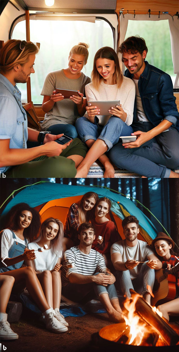 來比較一下 2 月版（圖上）的 Bing Image Creator 和現在 DALL-E3 版本生成「露營中帳篷內的一群人」，可以看出人物的表情自然度有極大的升級