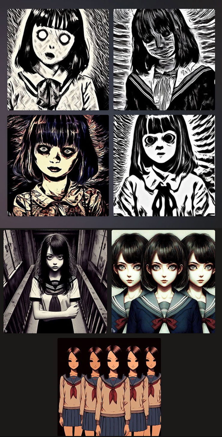 來比較一下 2 月版（圖上）的 Bing Image Creator 和現在 DALL-E3 版本生成「伊藤潤二風格女高中生頭像」，新舊版都沒辦法完全還原原作風格，但明顯新版的圖像精緻許多