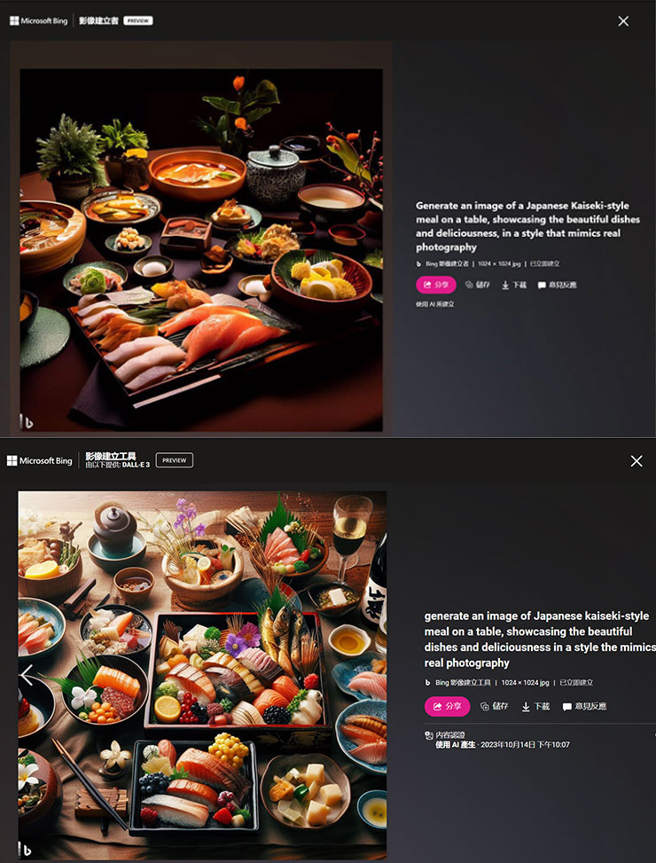 來比較一下 2 月版（圖上）的 Bing Image Creator 和現在 DALL-E3 版本生成「餐桌上的日本懷石料理」，舊版的食物真實度已經很不錯了，但新版在細節與豐富度更勝一籌