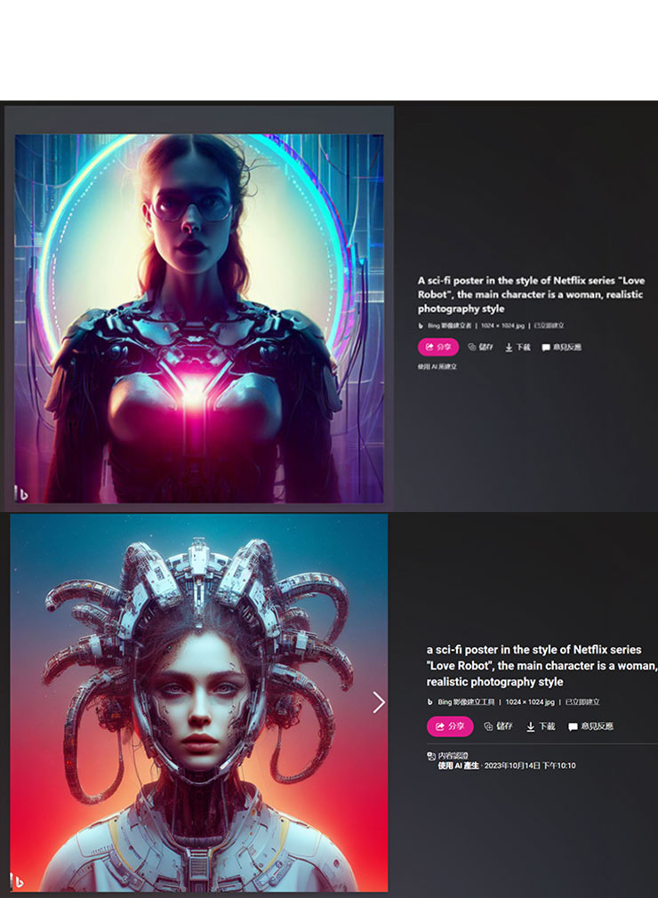 來比較一下 2 月版（圖上）的 Bing Image Creator 和現在 DALL-E3 版本生成「仿造 Netflix 影集愛死機器人風格的女性頭像」，舊版生成的水準不錯，但新版同樣以更多細節、畫面構圖與色彩搭配取勝