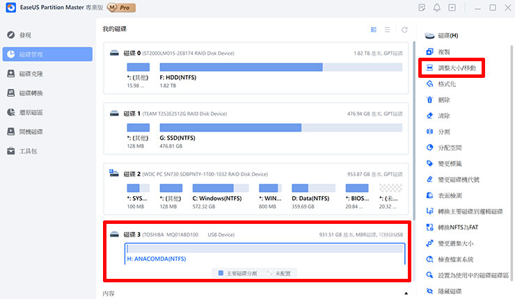 EaseUS Partition Master 的功能主介面採三欄式，左欄為功能切換，中欄為功能內容，右欄為進階選項，以預設的「磁碟管理」為例，中欄就會列出系統中的所有磁碟與分割狀態，在選中磁碟後，右欄會有可執行的對應功能，以我們進分區調整大小為例，在選擇「磁碟 3」之後，即可點選右欄的「調整大小/ 移動」的選項。