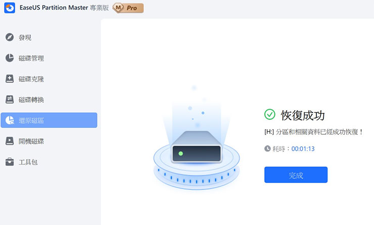 等待一段時間，即可完成磁區的恢復囉！這時磁區檔案應該已經可以存取了！