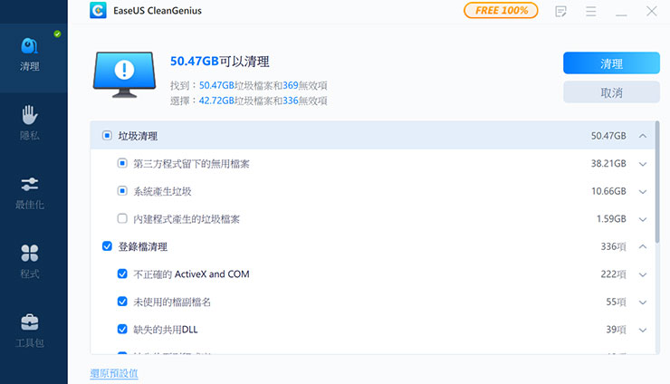 常用磁碟工具中，阿祥也蠻推薦這個可以免費使用的磁碟清理工具 EaseUS CleasCenuis，幫 助我們自動掃描系統中可清除的垃圾檔案。